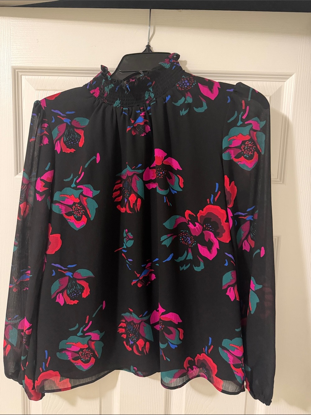 J. Crew Black Floral Blouse with Pink and red Flowers